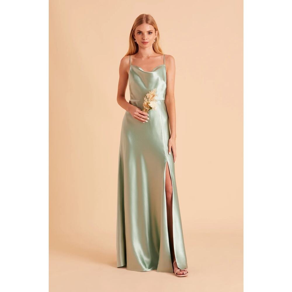 1227 NWT Birdy Grey Lisa Long Shiny Satin Bridesmaids Dress Sage Size Small